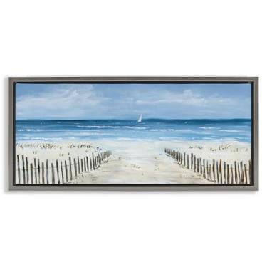 Imagem de Stupell Industries Arte de parede em tela flutuante com moldura cinza para veleiro e cerca de praia, design de Georgie Harrison, 28 x 63 cm