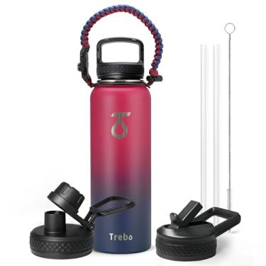 Imagem de Garrafa térmica de água Trebo, 3 tampas e alça, aço inoxidável isolado a vácuo, antivazamento, sem BPA, mantém frio 48 h, melhor presente unissex, para férias, uso ao ar livre, 1,2 L, vermelha-rubi