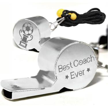 Imagem de CREATCABIN 1 caixa Best Coach Ever Whistle Apito esportivo de futebol em aço inoxidável 304 equipamento de árbitro alto claro com cordão para oficiais de emergência esportes ao ar livre 4,6 x 1,8 x