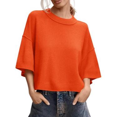 Imagem de Suéter Saodimallsu feminino de manga curta, manga curta, malha laranja