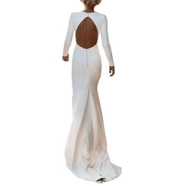Imagem de Vestido de noiva SHANDUAO Satin Satin Backless Long Manga Ivory-12