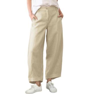 Imagem de Calças femininas de linho bronzeado, capri, folgadas, largas, cáqui, t