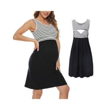 Imagem de Vestido de amamentação para maternidade, camisola listrada de algodão 