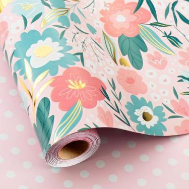 Imagem de Papel de embrulho Burymento Pink Flower Reversível 43cm x 10m