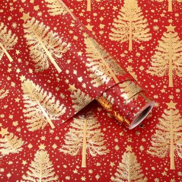 Imagem de AmazingSpark Papel de embrulho de presente de Natal 43 cm x 80 metros rolo 3D folha dourada Kraft papel de embrulho com design de árvore de Natal folhas jumbo para Natal, feriado de ano novo, festa