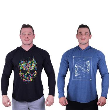 Imagem de Kit 2 Camisetas Manga Longa com Touca Longline Estampada Treino Academia Lazer Casual-Masculino