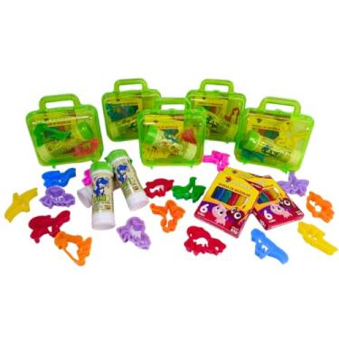 Imagem de Kit 15 Massinha Modelar + 15 Bolha Sabão Dino + 30 Cortador Dinossauro + 15 Maletinha Acrílico Lembrancinha Infantil