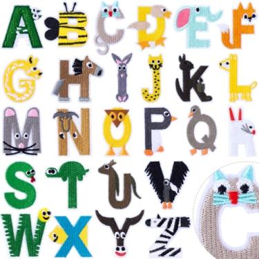 Imagem de YALOJE 26 peças de adesivos de letras de animais de ferro, aplique bordado do alfabeto A a Z, adesivos coloridos costurados em letras para chapéu, jeans, conserto de decoração de roupas
