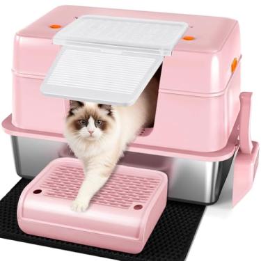 Imagem de Vivifying Caixa de areia para gatos coberta de aço inoxidável rosa – Controle de odor, vaso sanitário modular de fácil limpeza, design elegante para mães de gatos elegantes