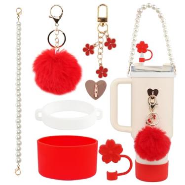 Imagem de Conjunto de 7 peças de acessórios para copo Stanley vermelho - alça de alça de garrafa de água, tampa de cobertura de palha de flor de silicone, bota Stanley de silicone, pingentes de chaveiro,