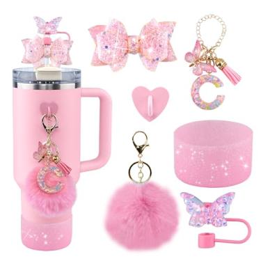 Imagem de Conjunto de 6 peças de acessórios de copo Stanley rosa - tampa de cobertura de palha de borboleta, laço brilhante para canudo, bota de silicone brilhante, pingente de letra e pompom para copos satnley