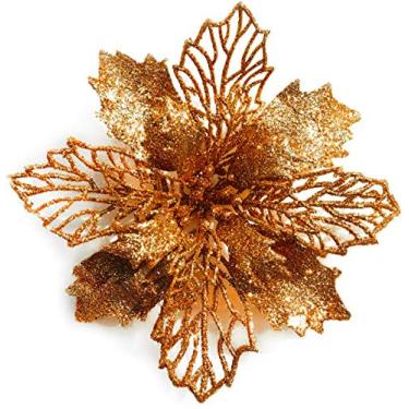 Imagem de GL-Turelifes 12 peças flores de Natal glitter de 16,3 cm bronze poinsétia flor artificial árvore de natal flores guirlanda ornamentos de árvore com 12 peças haste de flor verde