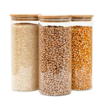 Imagem de Potes de Vidro Redondos com Tampa de Bambu Herméticos, Kit com 3 Unidades para Armazenamento