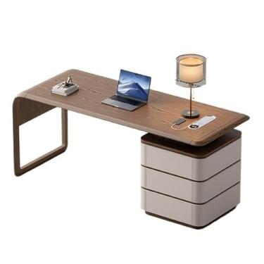 Imagem de Mesa de trabalho Mesa de escritório com armazenamento e tomadas carregamento, escrivaninha moderna armário, nogueira(Beige,L)