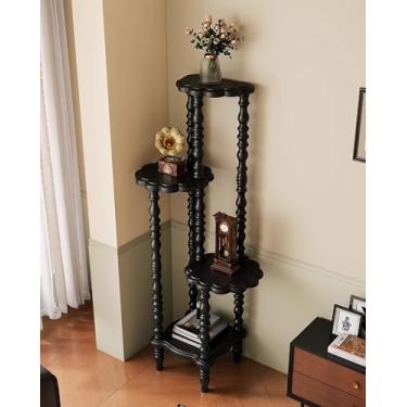 Imagem de Prateleira de canto vintage, prateleiras de canto de madeira maciça de 4 camadas com pernas de eixo elegantes, rack de exibição independente para sala de estar, escritório, quarto, estante exclusiva