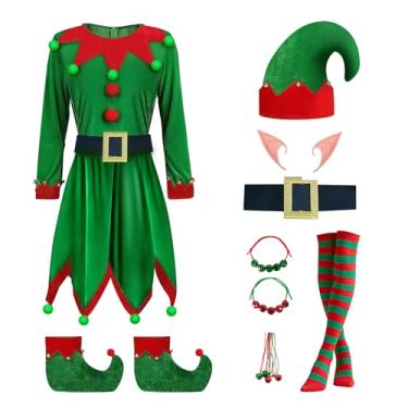 Imagem de MYUTHDT Conjunto de fantasia de elfo de Natal de 8 peças para adultos com sapatos, chapéu, orelhas, meias e pulseiras., Verde e vermelho, G