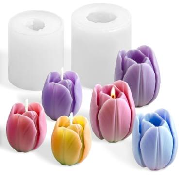 Imagem de 2 peças de molde de vela de silicone de tulipa 3D molde de sabão floral feito à mão moldes de gesso para fundição de concreto moldes de argila de polímero para velas, ornamentos de decoração de casa