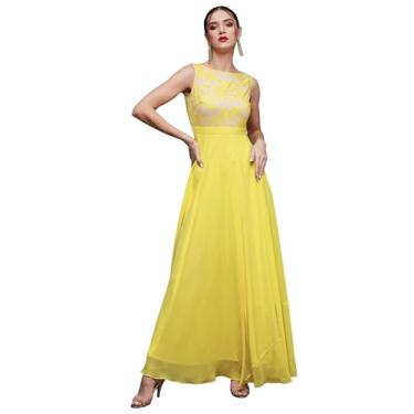 Imagem de Miss Chase Vestido maxi feminino com gola redonda sem mangas Georgette e renda floral e flare, Preto: amarelo, XS