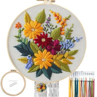 Imagem de FONNUY Kit de bordado floral para iniciantes, kits de padrão pré-estampado de flores coloridas para adultos com argola, bordado de linha, argola de 20 cm (zinnia)