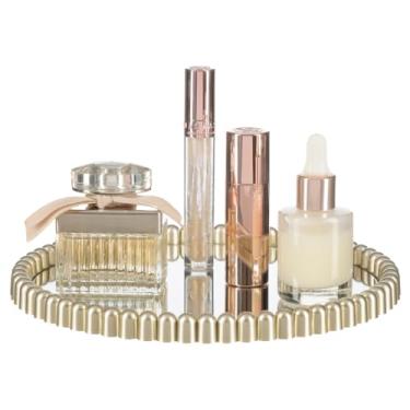 Imagem de Bandeja Decorativa Com Espelho Redonda Perfumes Cosméticos (Dourado)