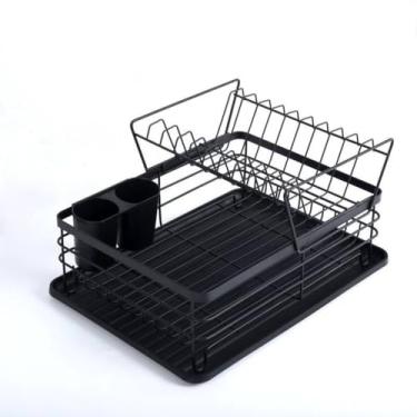 Imagem de Escorredor de Louças Duplo em Metal, 2 Andares, Preto Fosco, com Suporte para Talheres, 22x29x39cm, Estrutura Resistente para Cozinha