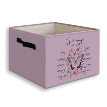 Imagem de JUIOEIU Cesto dobrável cristão roxo caixa de armazenamento com alças, God Says You Are Bible Versículo Borboleta dobrável cesta organizadora para quarto feminino quarto banheiro roupas brinquedos