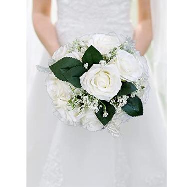 Imagem de LMJYU Buquês de casamento buquê de flores artificiais rosas brancas rosas artificiais noiva dama de honra segurando ramos de flores decoração interessante