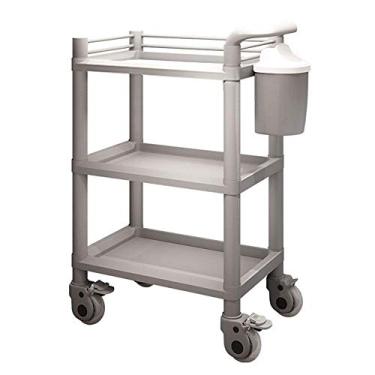 Imagem de Carrinho de servir ferramenta de 3 níveis de instrumentos médicos com alça; balde de sujeira, carrinho de salão de beleza Abs com roda de freio, carga de 100 kg, 98 cm de altura