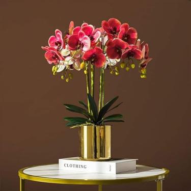 Imagem de LMJYU Flores artificiais Phalaenopsis com vaso dourado flor artificial seda orquídea artificial decoração em vaso falso 55 cm floral falso