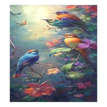 Imagem de Qilmy Pássaros coloridos empoleirados em flores, capa magnética para máquina de lavar louça, 58 x 66 cm, capa decorativa para geladeira para porta frontal, adesivo, máquina de lavar, painel de