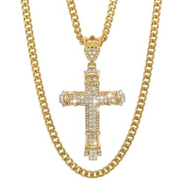 Imagem de KNITUKL Colar de cruz com diamantes, corrente de prata, pingente de aço inoxidável, joia cristã gótica, Large, Acrílico, Diamante