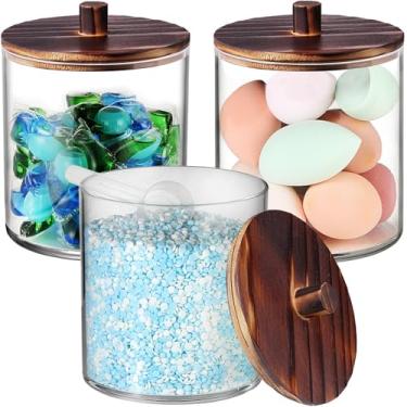 Imagem de SheeChung Pacote com 3 frascos grandes de boticário de 1,5 l com tampa de madeira, recipiente de cápsulas de lavanderia, frascos de armazenamento para organização de banheiro, recipientes de plástico