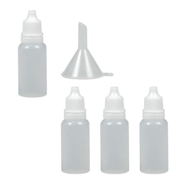 Imagem de Yeetandoo 5 unidades (4 frascos + 1 funil) frascos conta-gotas de plástico de 15 ml - Recipientes de viagem portáteis espremíveis com tampa e plugue para colírios, solução salina, etc. (15 ml 5P)