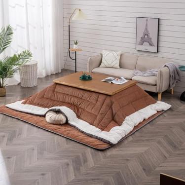 Imagem de Mesa Kotatsu com aquecedor e cobertor, mesa de centro de tatame japonês, forno espesso, forno de inverno, quatro conjuntos, com mesa de extremidade/aquecedor elétrico/cobertor/edredom (cor teca, B)