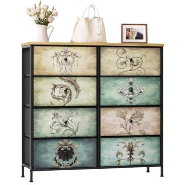 Imagem de Cômoda para quarto, 8 gavetas e cômoda para suporte de TV, organizador de armazenamento de tecido para quarto, sala de estar, corredor, caixas de tecido fáceis de puxar, gavetas de padrão floral