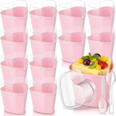 Imagem de Sliner Pacote com 12 copos de sobremesa de 142 g Dia dos Namorados em forma de coração com tampas e colheres recipiente de sobremesa de plástico tigelas em forma de coração descartável parfait pudim