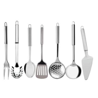 Imagem de Kit 15 Peças Utensílios para Cozinha em Aço Inox Jogo Completo Escumadeira Concha Espátula Pegador(7 Peças)