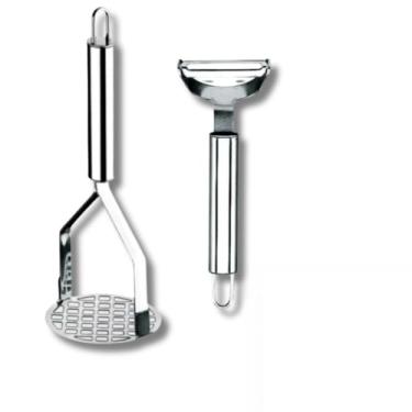 Imagem de Kit 5 Peças Inox Cozinha | Amassador Batata e Alho, Descascador, Espremedor Limão e Ralador 4 Faces(KIT 2 PEÇAS BATATA + DESCASC)