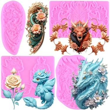 Imagem de MIYAHOUSE Dragon Fondant Moldes de silicone para decoração de bolos, cupcake pasta de goma de chocolate, argila de polímero, conjunto de 4