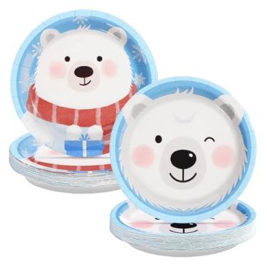 Imagem de Greencian 50 peças de decoração de rosto de urso polar sorridente de 23 cm, pratos de papel de animais de inverno descartáveis, decorações de animais polares árticos para decoração de festa de