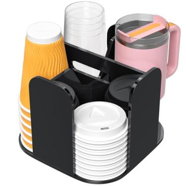 Imagem de Rulyyo Dispensador de copo de bancada de 4 compartimentos - copo de acrílico preto e tampa carrossel acessórios de barra de café suporte giratório para copo de bebidas organizador de copos de papel