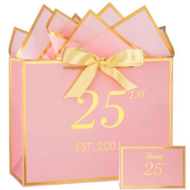 Imagem de momoake Saco de presente de aniversário de 25 anos com cartão e papel de seda para meninas/ela, 2001 25 anos 33 cm elegante ouro rosa lembrança festa presente compras sacos de papel para decorações de