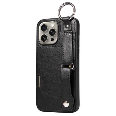 Imagem de Capa de couro para iPhone 16/16 plus/16 pro/16 pro max, capa com suporte de cartão com alça de pulso ajustável, função de suporte, capa à prova de choque