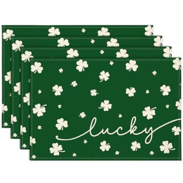 Imagem de OTOSTAR Jogo americano do dia de São Patrício, conjunto de 4, 30 x 45 cm, verde e bege, trevo da sorte, trevo da sorte, tapetes sazonais, primavera, férias, cozinha, mesa de jantar