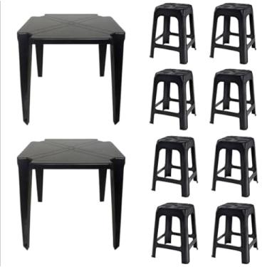 Imagem de 2 Mesas Quadradas Plástico Monobloco 70cm Preta + 8 Banquetas Empilháveis