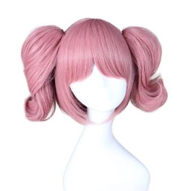 Imagem de Peruca de cosplay rosa encaracolada com tranças e cabelo sintético 30c