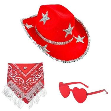 Imagem de Conjunto de chapéus de cowboy vermelho com bandana de estrelas brancas