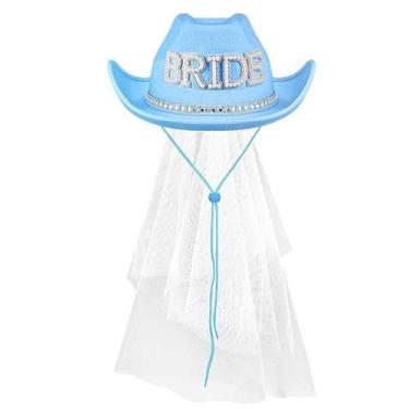 Imagem de Chapéu de cowboy, noiva azul com véu, enfeite de strass - yiweisai