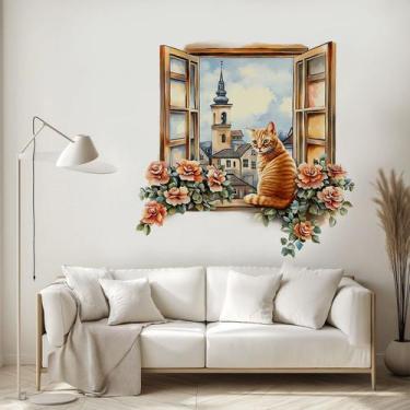 Imagem de Adesivos de parede 3D Faux Window Cat and Flowers PVC 30x60cm - yiweis