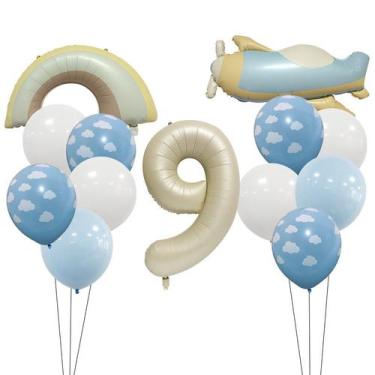 Imagem de Conjunto de balões com tema vintage de avião e arco-íris, 9º aniversár